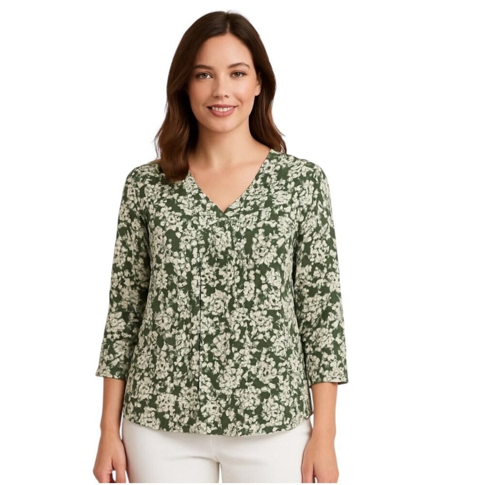 Fun2Fun Pleated Detail Floral Blouse~Size Small~Green White Top~Stitch Fix L6 04
